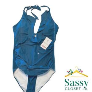 Teal Blue Ruffle Halter One‑Piece Swimsuit Adjustable Tie‑Back L NWT